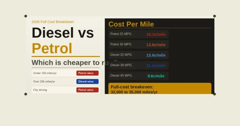 Diesel vs petrol cost comparison table with verdict by mileage